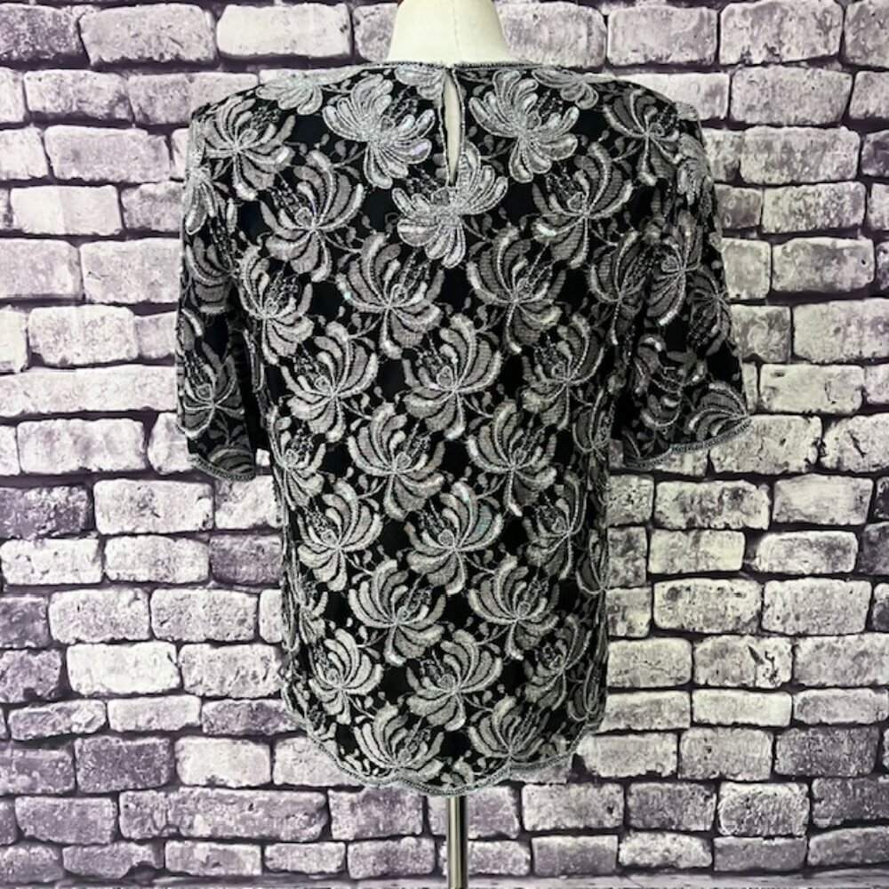 Laurence Black & Gray Blouse W/ Decorative Beads & Sequins Size XL - Picture 6 of 9